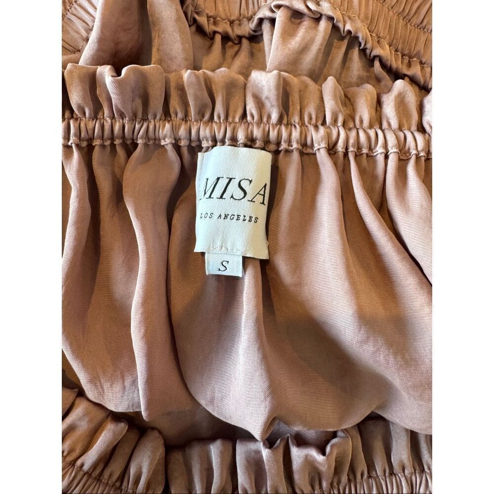 MISA Los Angeles Romi Mauve Satin Tiered Off Shoulder Mini Dress Coquette Boho - Picture 6 of 7